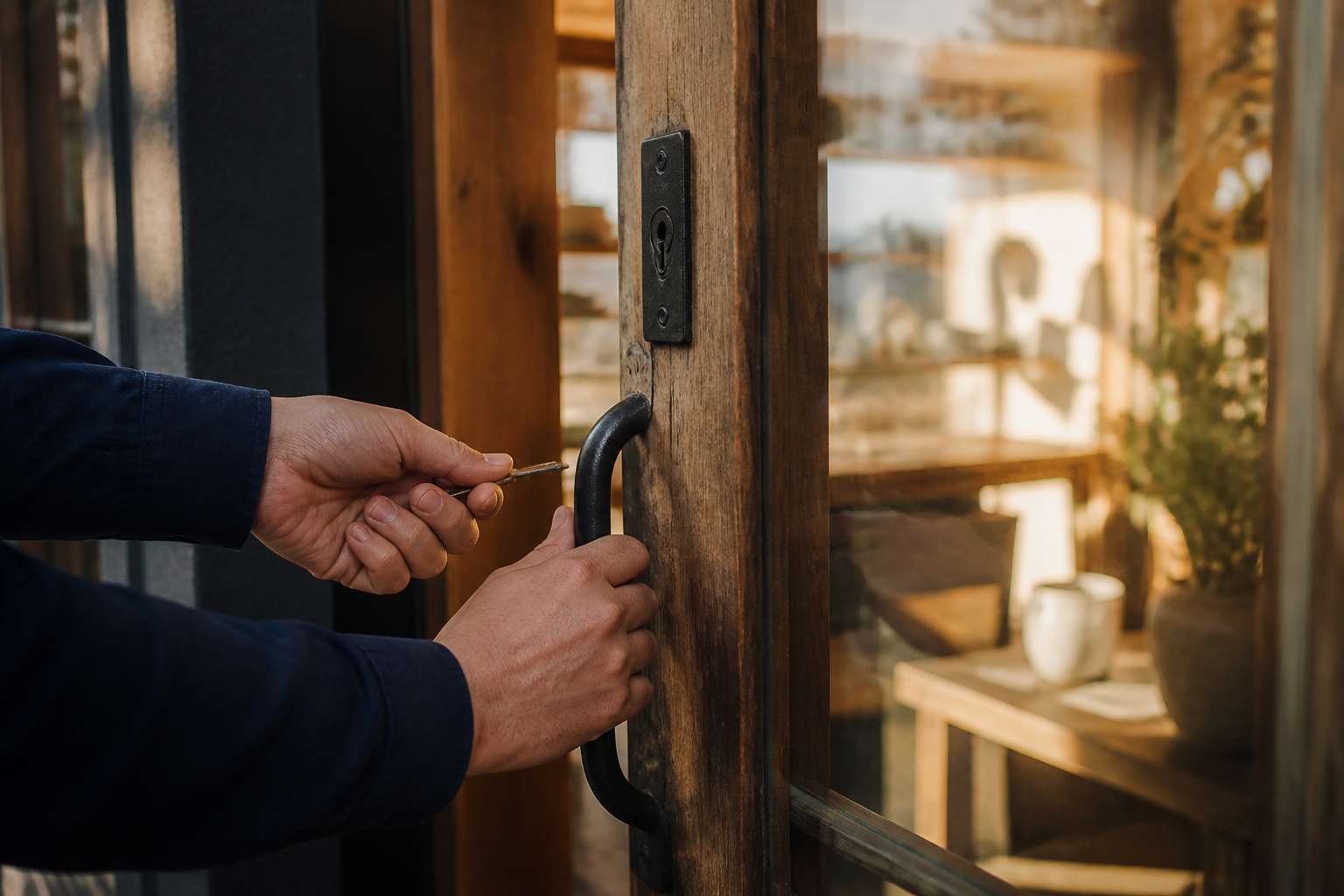 A small business owner opening their studio for the day